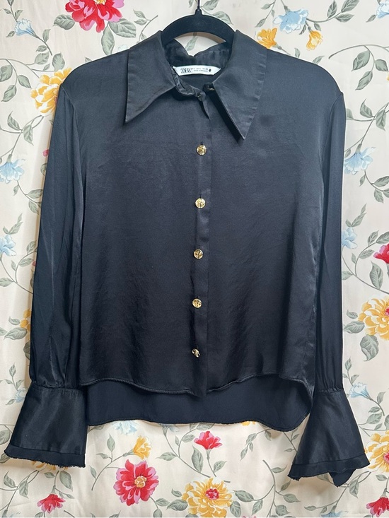 Zara Tops - ZARA | Black Satin Button-Down Blouse with Gold Buttons | Women’s Size L